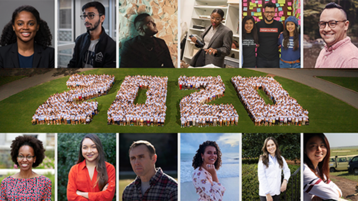 students line up in 2020 formation, plus 12 students are profiled