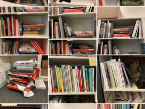 Once a hive of activity, The New York Times Book Review’s shelves lay still while the office is closed to most workers.Credit...Pamela Paul