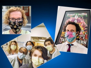 Collage Left to right: Duke School of Nursing's Janice Humphreys, Duke Raleigh Hospital employees, and Duke Global Health Institute's Gavin Yamey show off their masks.