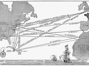  A map of the ‘triangular slave trade’ between Britain, its American colonies, and Africa in the 17th and 18th centuries