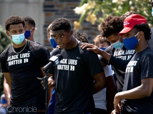 First-year Henry Coleman III, a member of the men’s basketball team, spoke at a Thursday Black Lives Matter protest in Krzyzewskiville.  Photo by Henry Haggart | The Chronicle