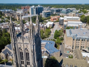 Drone footage captures Duke University Chapel with the Duke University Health System campus in the background. Photo by Bill Snead, Duke University Communications.
