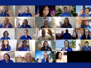 The Career Center put on team shirts for an office Zoom photo.