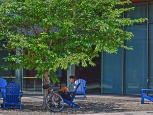 Someone enjoys one of Duke's new Adirondack chairs outside of the Rubenstein Arts Center. Photo by Mark Hough.