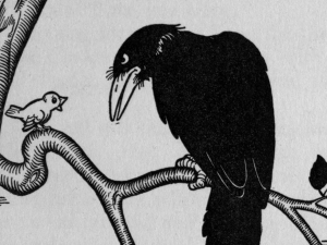 Image of crow and canary on a branch 