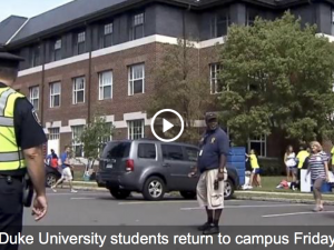 Screenshot of WRAL video of Duke University Students Return to Campus Friday