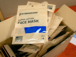 Every Duke staff, faculty and student will get three reusable masks that Duke purchased from StringKing, a sporting goods and apparel manufacturer in Los Angeles. Photo by Megan Mendenhall.