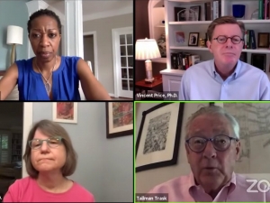 President Vincent Price, Provost Sally Kornbluth and Executive Vice President Tallman Trask discussed COVID-19 and campus life in a Friday morning conversation hosted by Valerie Ashby, dean of Trinity College of Arts and Sciences.