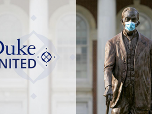 Photo of Duke statue with mask