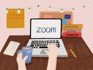 Cartoon image of student login into Zoom at their desk