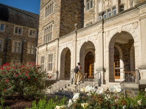 Student working into Duke Building Courtesy of the Graduate School