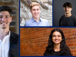 2025 Faculty Scholars, clockwise from left: Jorge Mato Frontela, Fletch Rydell, Miguel Cohen Suarez and Trisha Santanam