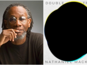 Collage of Nathaniel Mackey and his book cover for "Double Trio"